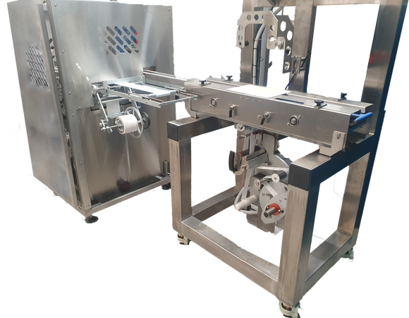 Model 50 paper wrapping machine with label and coding applicator