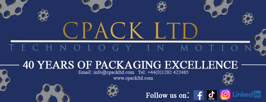CPack Ltd advertisement with gears on a blue background, showing that we have made packaging machinery for 40 years.