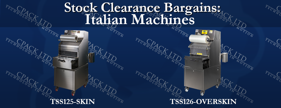 Promotional graphic for stock clearance bargains on Italian machines, showing two stainless steel industrial skin packaging machines side by side on a dark blue background with repeated watermark text and the titles 'TSS125-SKIN' and 'TSS126-OVERSKIN'.